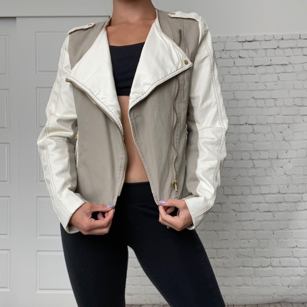 White faux leather & cream motto jacket size S